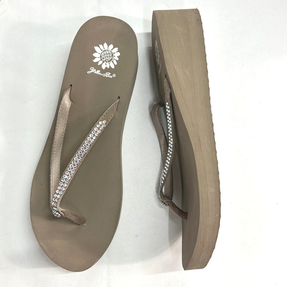Yellow Box Rhinestone Wedge Flip Flops 11 Taupe Brown Leather Bling Y2K Glam